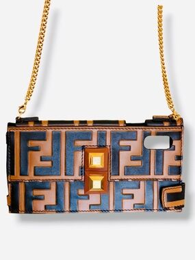 Fendi Brown Black Zucca Leather Bag  iPhone Case Bag Gold Strap X/XS & More